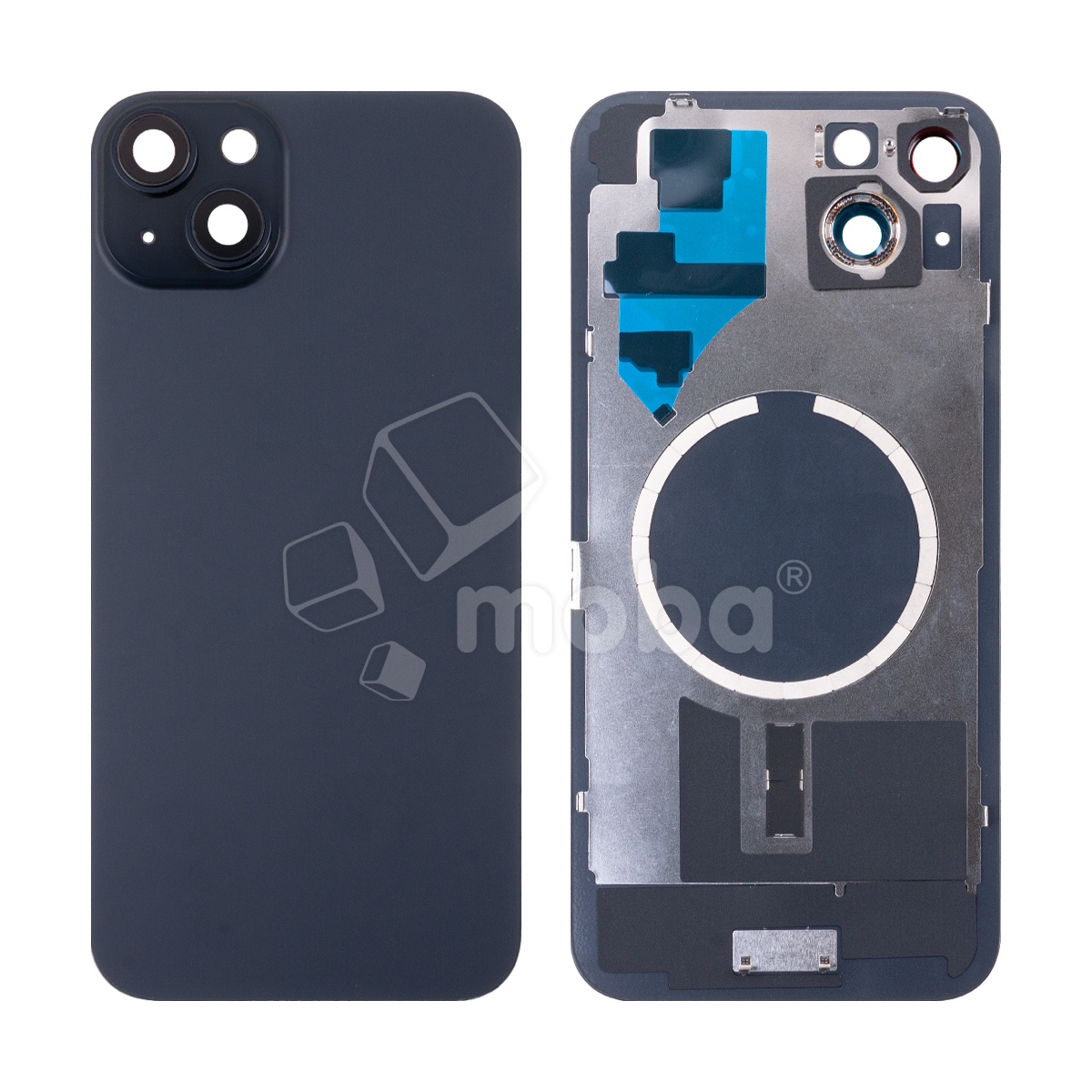 Задняя крышка для iPhone 15 Plus (A3094) в сборе со стеклом камеры Черный (стекло, монолит, MagSafe, логотип) - Премиум