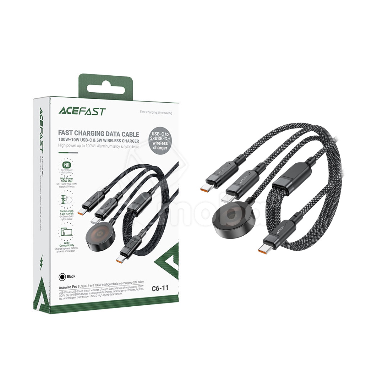 Кабель Type-C - 3 в 1 (Type-C + Type-C + Беспроводная зарядка 15W) Acefast C6-11 (3A, 100W, оплетка нейлон, 1,2 м) Черный