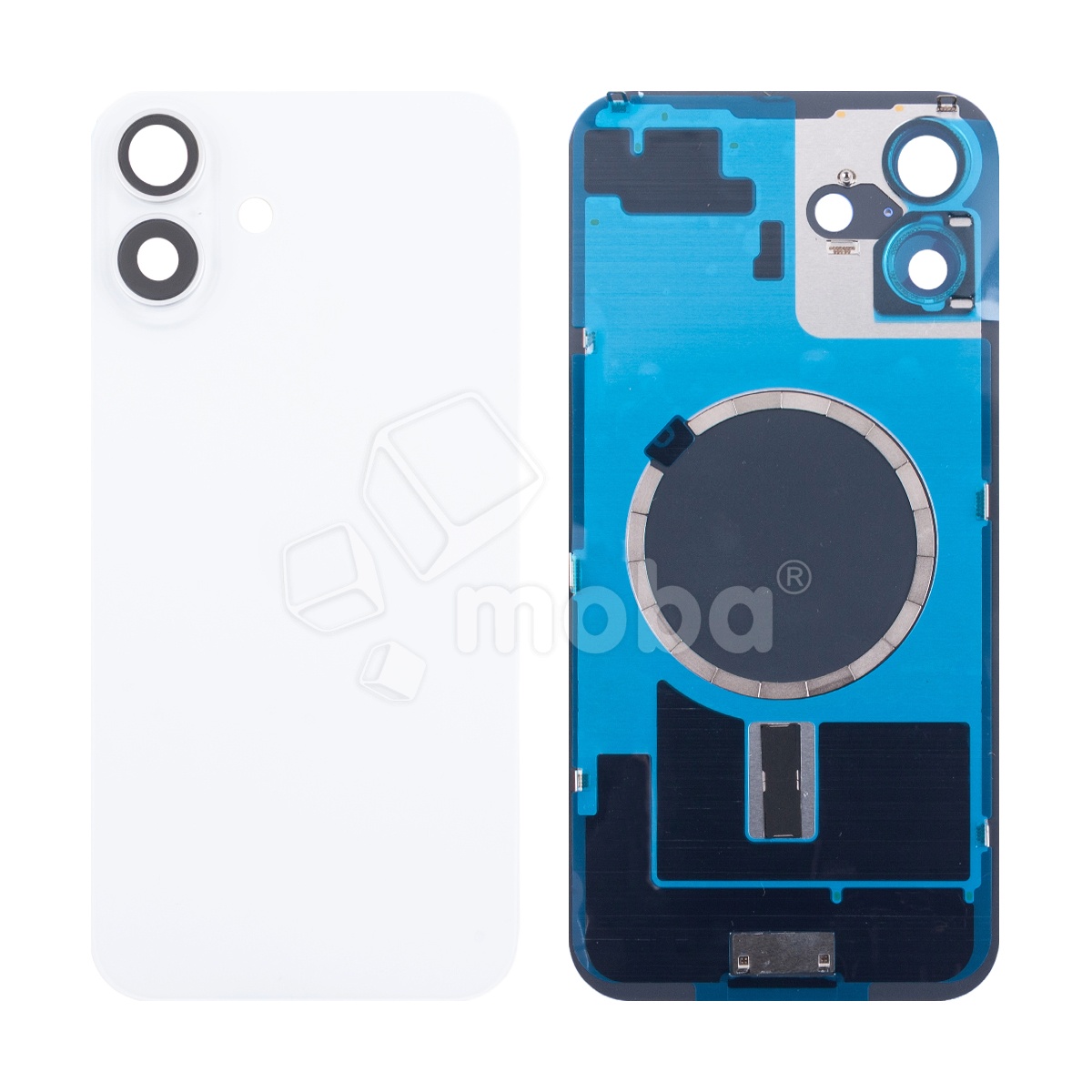 Задняя крышка для iPhone 16 Plus (A3290) в сборе со стеклом камеры Белый (стекло, монолит, MagSafe, логотип) - Премиум